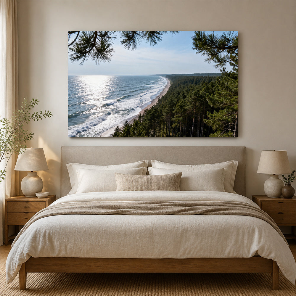 Pine Coast Vista canvas wall art, bedroom mockup above a bed.