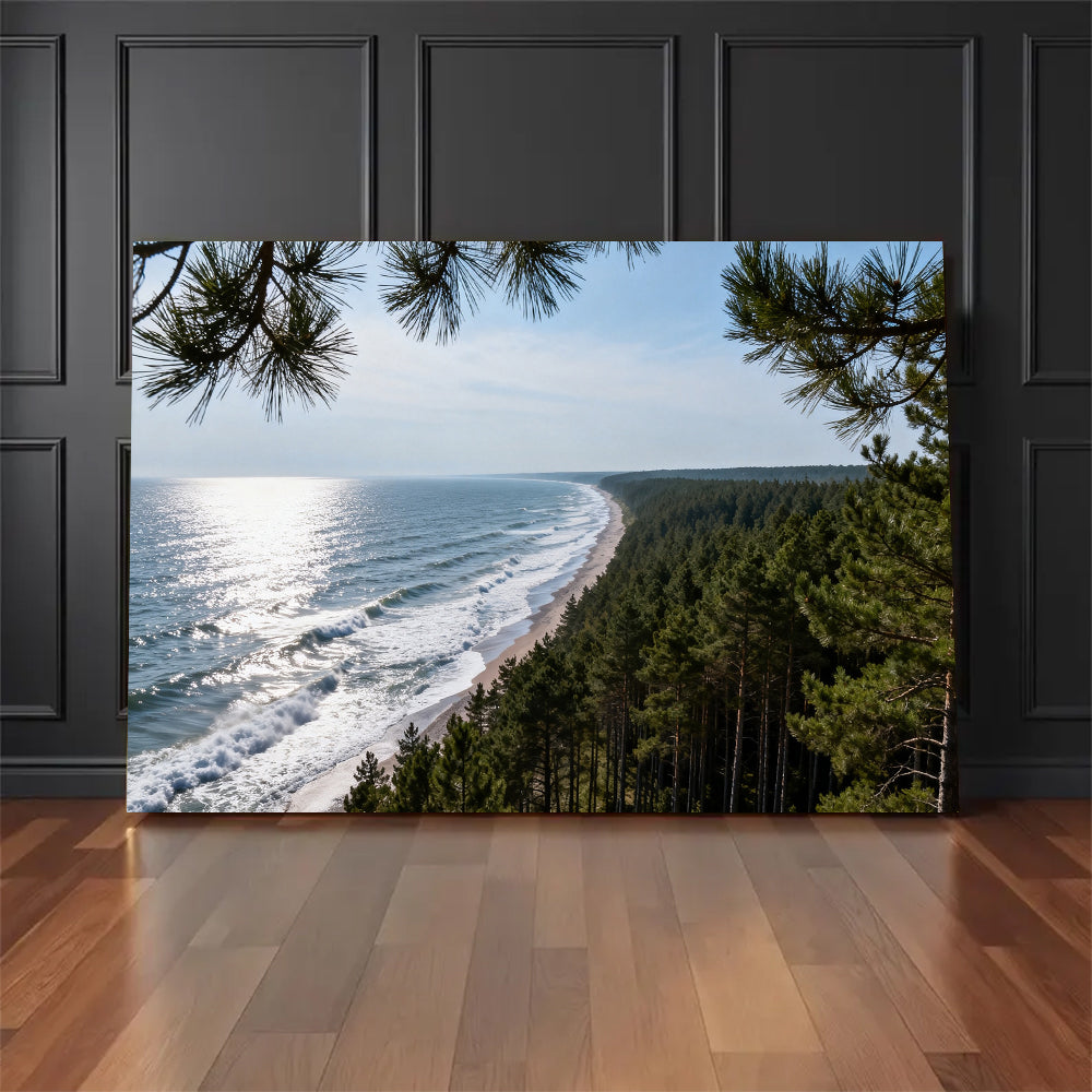 Pine Coast Vista canvas wall art, floor display against a dark wall.
