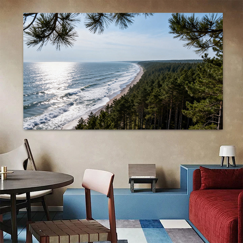 Pine Coast Vista canvas wall art, colorful room mockup.