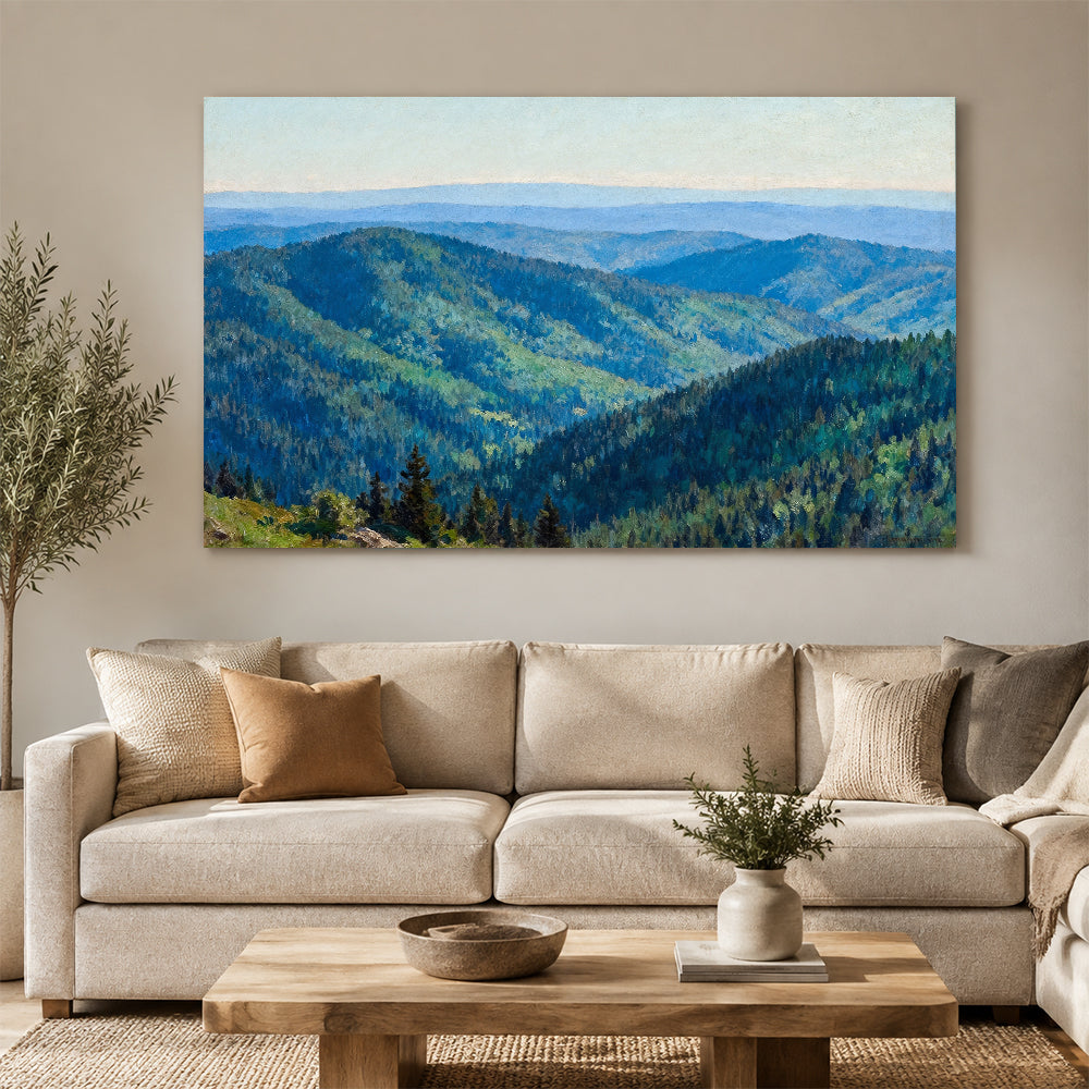 Rolling Forest Hills canvas wall art, living room mockup above a sofa.