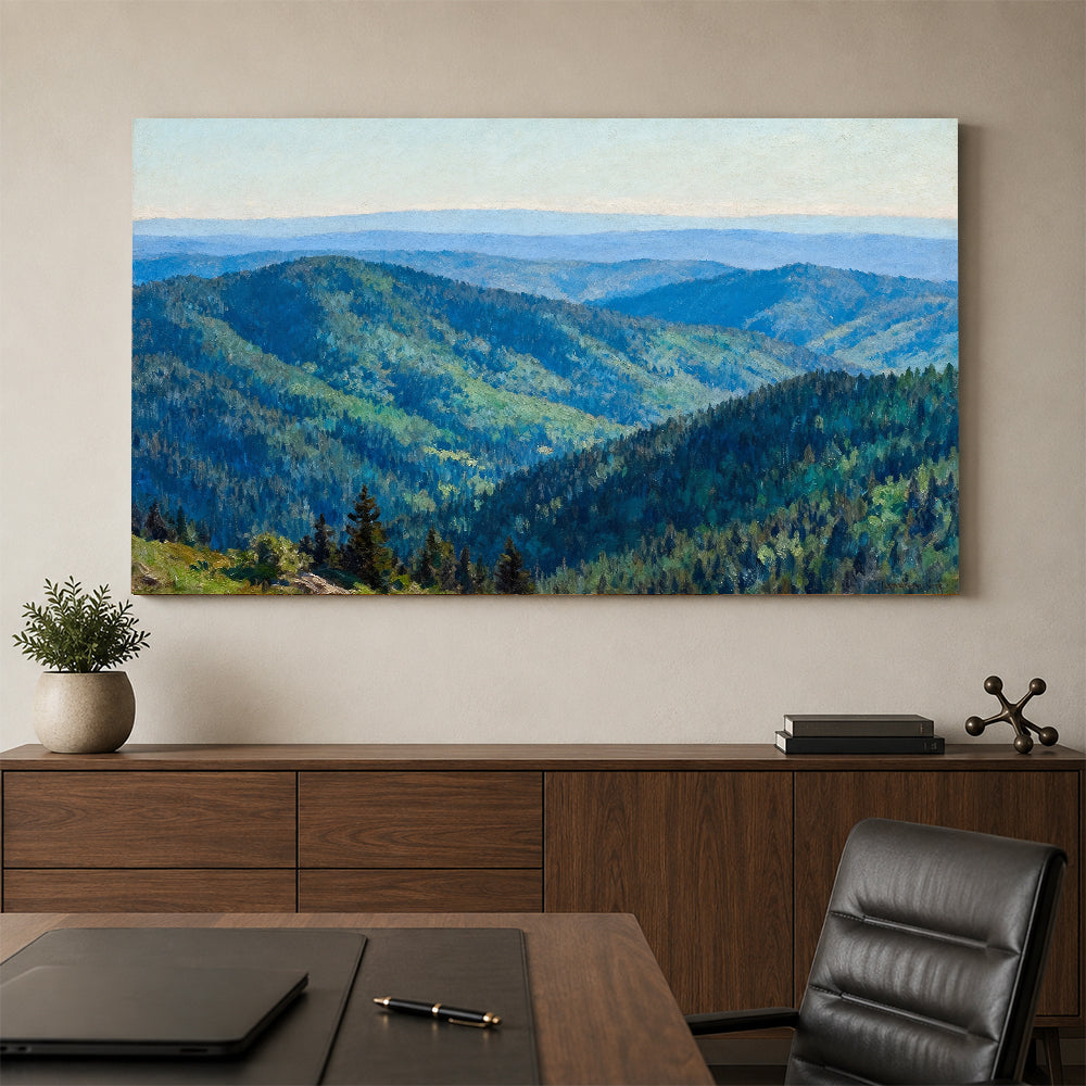 Rolling Forest Hills canvas wall art, office mockup above a desk.