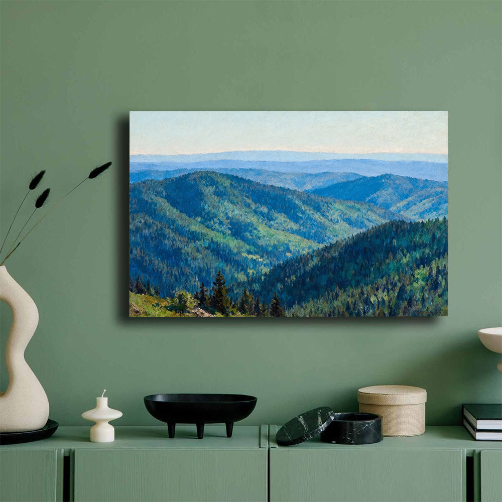 Rolling Forest Hills canvas wall art, mockup on a green wall.
