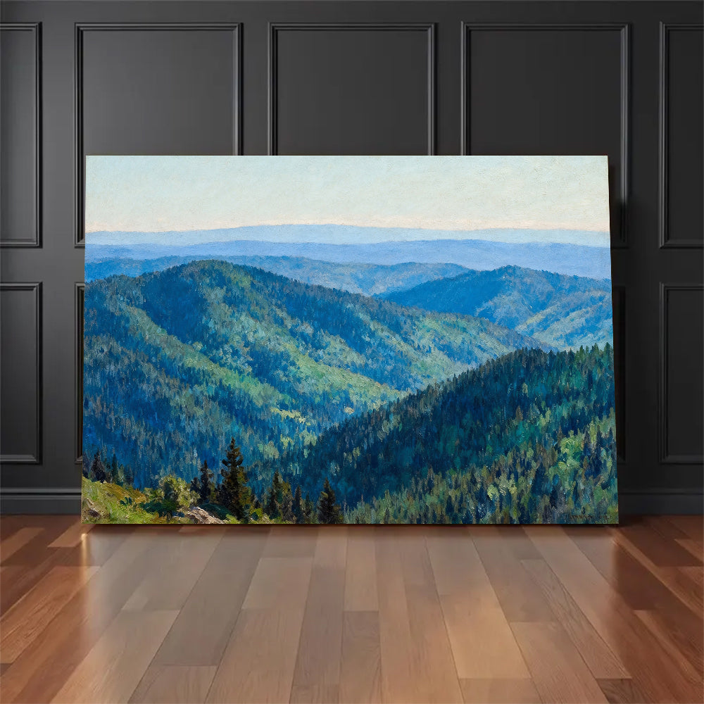 Rolling Forest Hills canvas wall art, floor display against a dark wall.