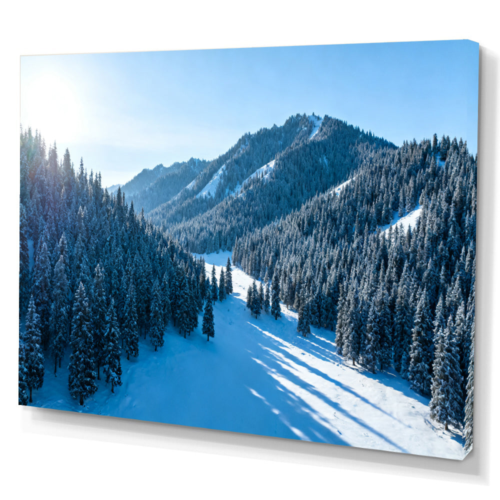 Snowy Woodland Valley canvas wall art, angled canvas mockup on a white background.