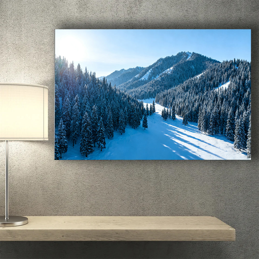 Snowy Woodland Valley canvas wall art, wall mockup above a console.