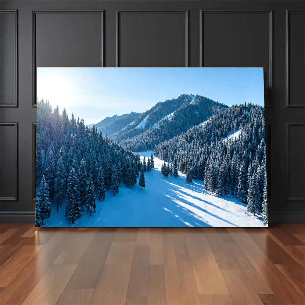 Snowy Woodland Valley canvas wall art, floor display against a dark wall.