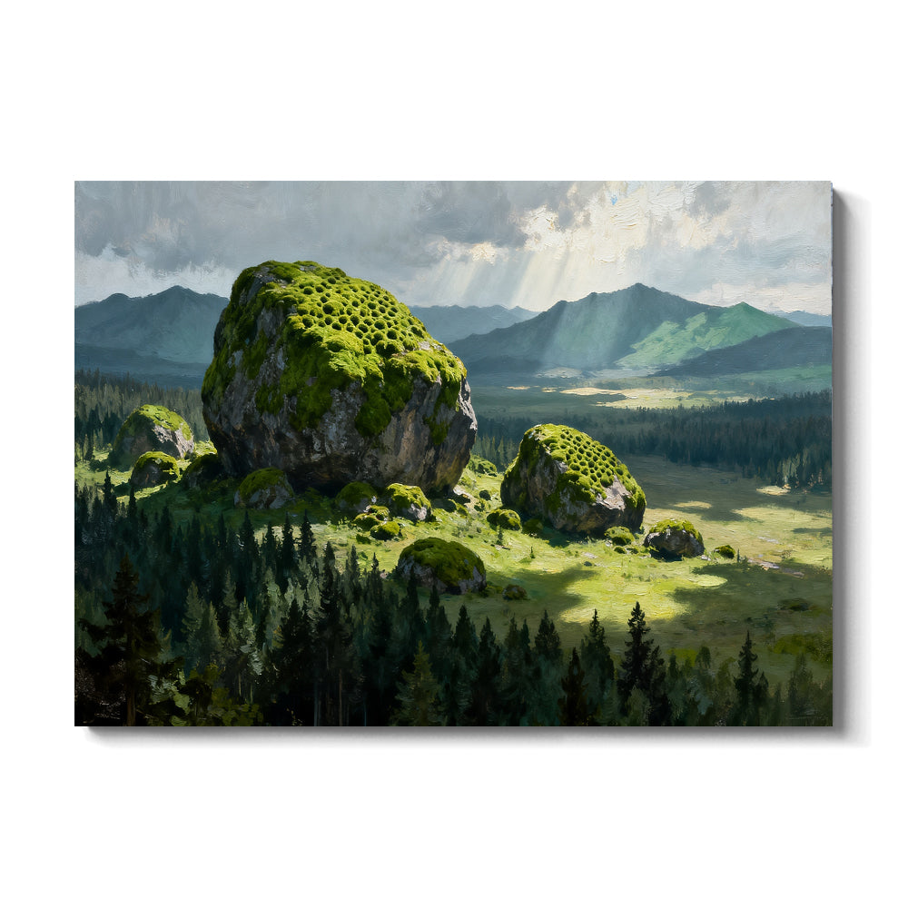 Mossy Boulder Meadow canvas wall art, front view on a white background.