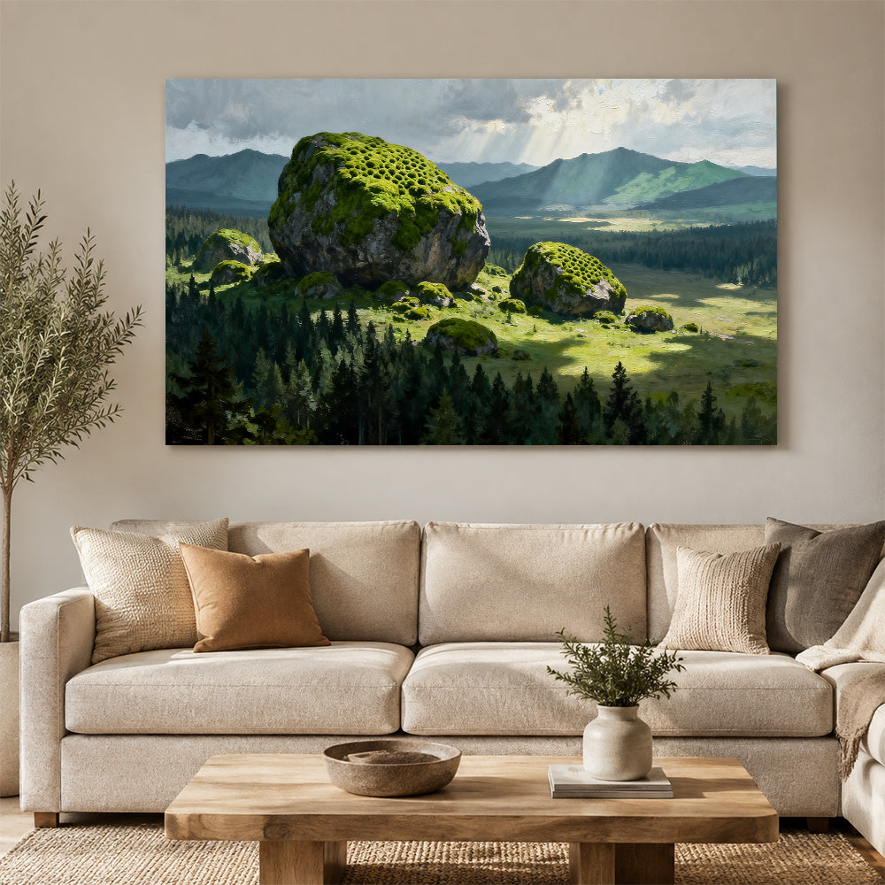 Mossy Boulder Meadow canvas wall art, living room mockup above a sofa.
