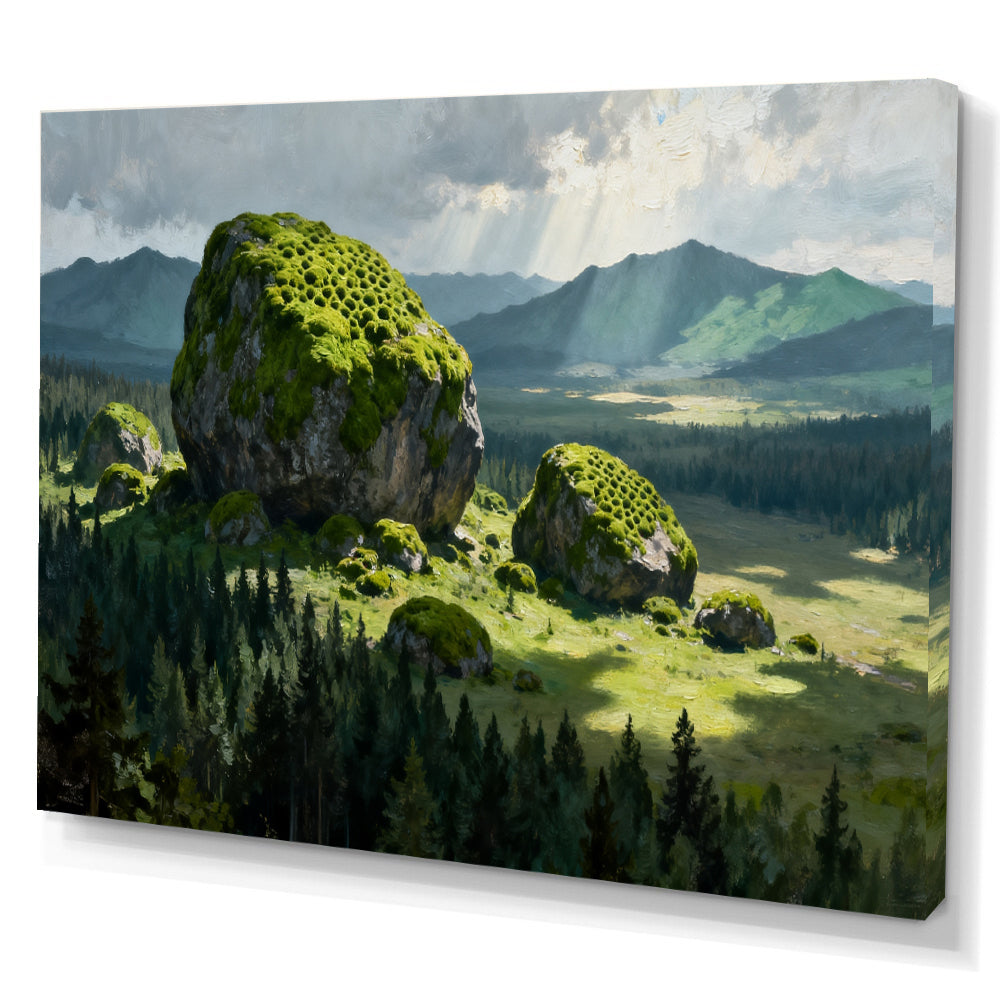 Mossy Boulder Meadow canvas wall art, angled canvas mockup on a white background.