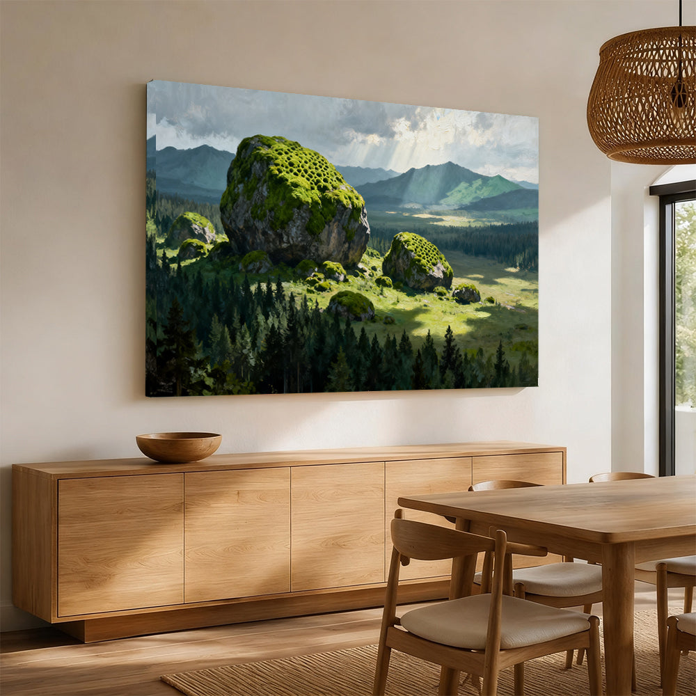 Mossy Boulder Meadow canvas wall art, angled mockup above a sideboard.