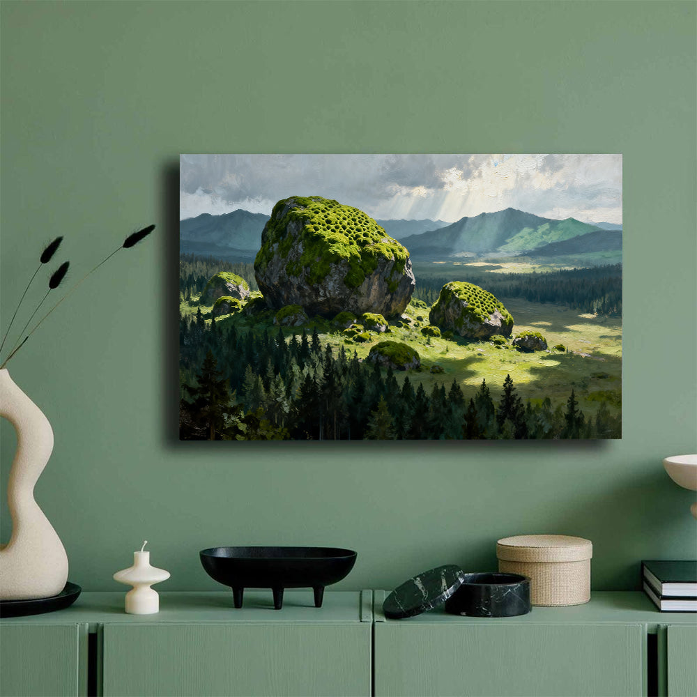 Mossy Boulder Meadow canvas wall art, mockup on a green wall.