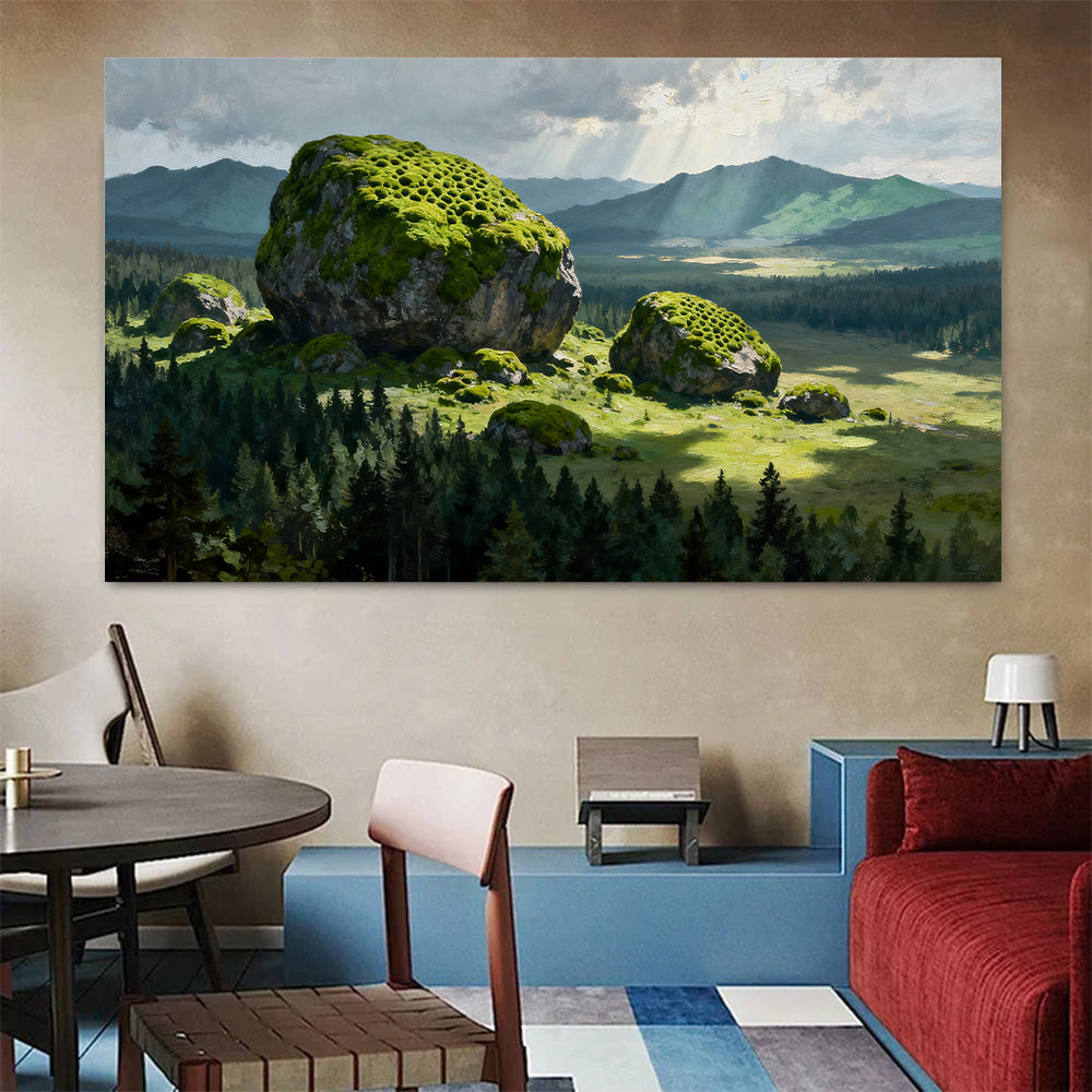 Mossy Boulder Meadow canvas wall art, colorful room mockup.