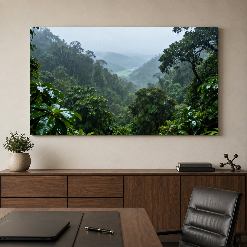 Rainforest Mist Valley canvas wall art, office mockup above a desk.