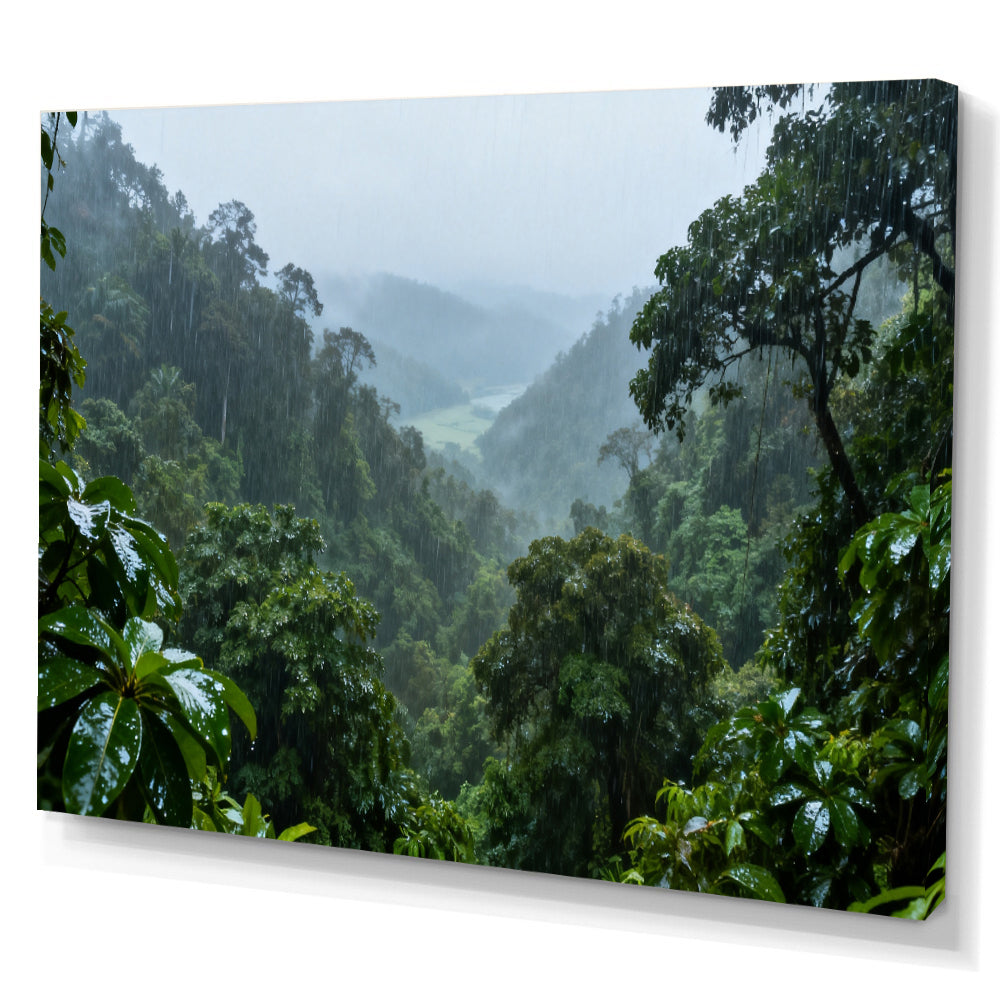 Rainforest Mist Valley canvas wall art, angled canvas mockup on a white background.