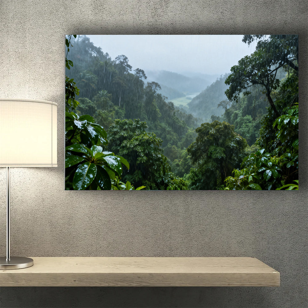 Rainforest Mist Valley canvas wall art, wall mockup above a console.
