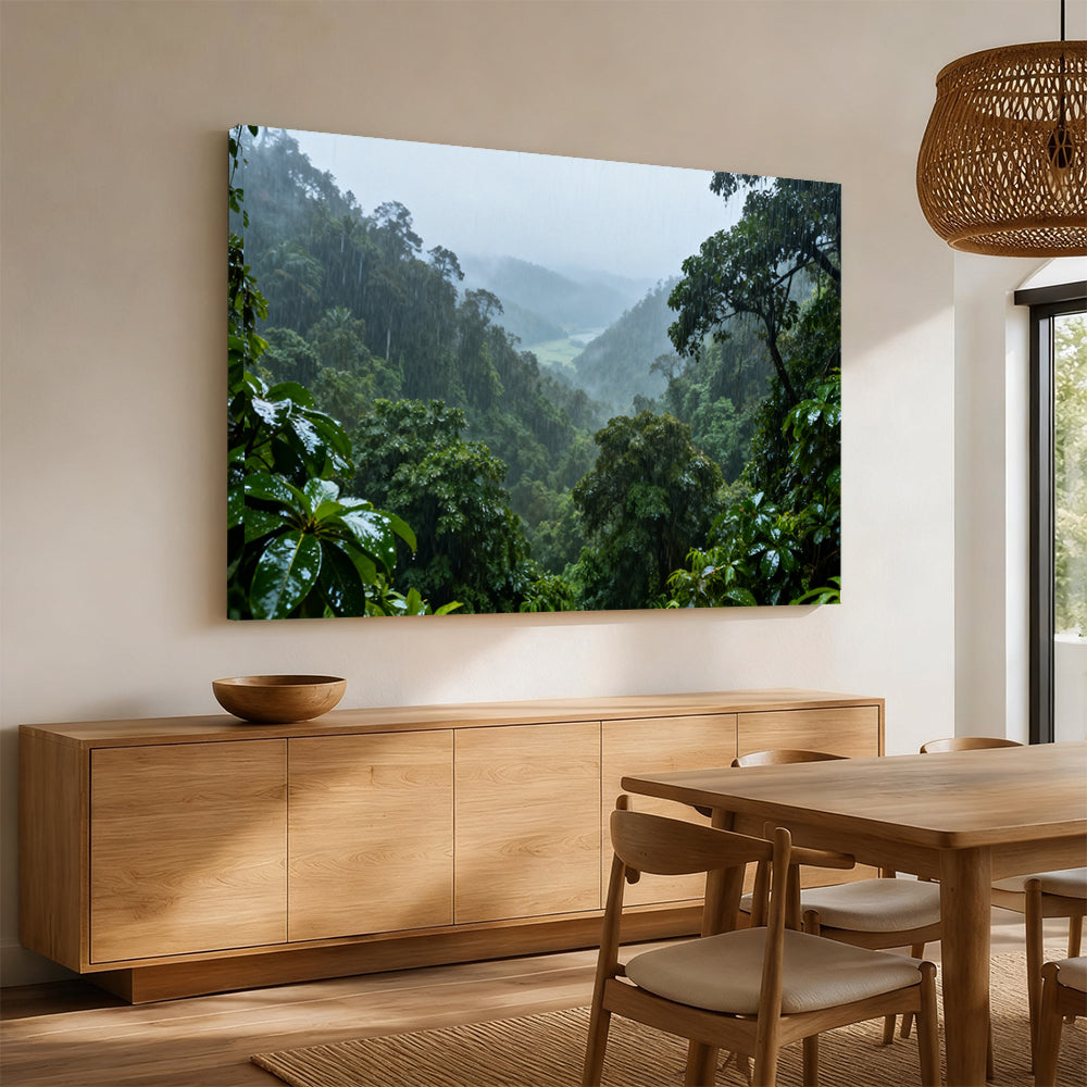 Rainforest Mist Valley canvas wall art, angled mockup above a sideboard.