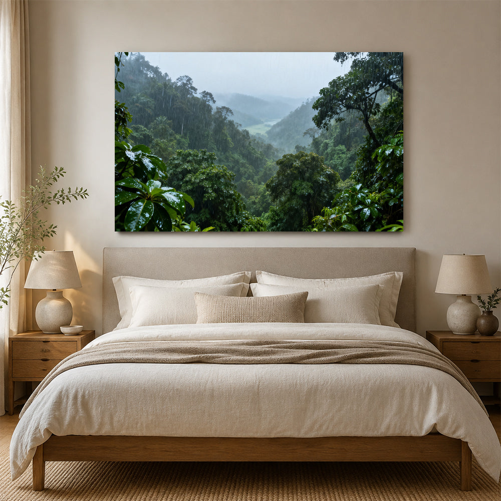 Rainforest Mist Valley canvas wall art, bedroom mockup above a bed.