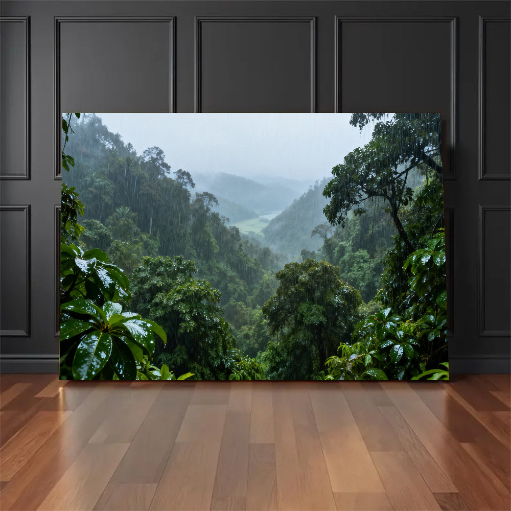 Rainforest Mist Valley canvas wall art, floor display against a dark wall.