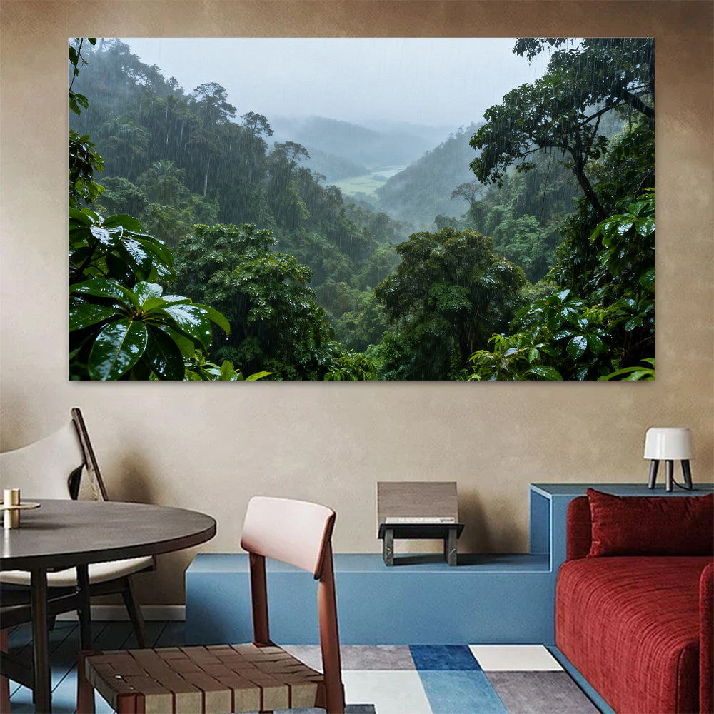 Rainforest Mist Valley canvas wall art, colorful room mockup.
