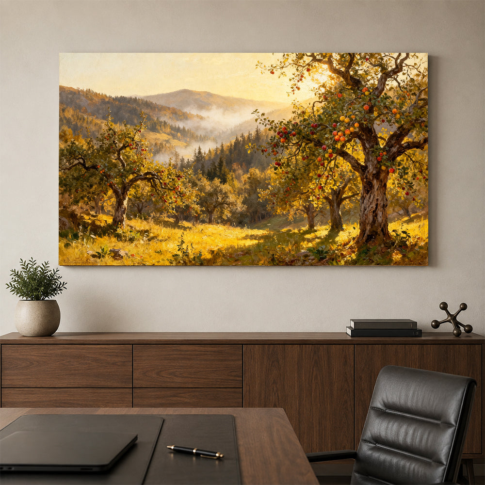 Sunlit Autumn Orchard canvas wall art, office mockup above a desk.