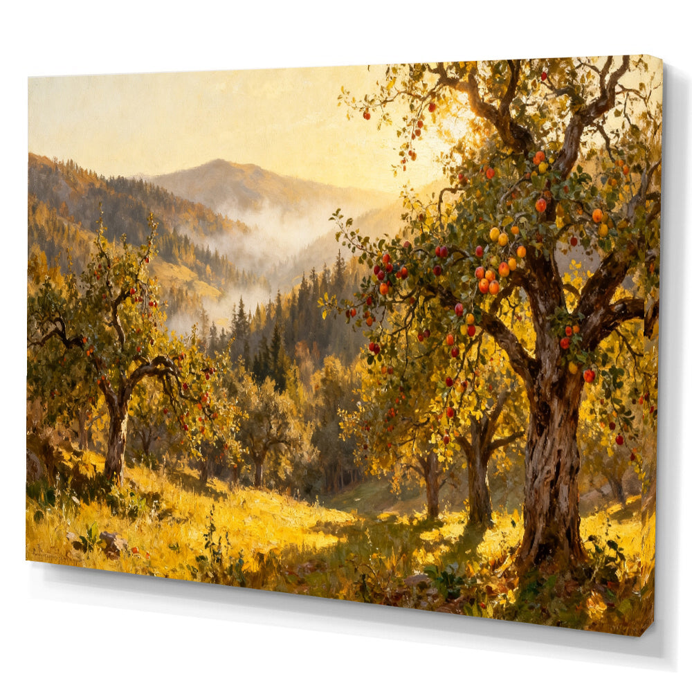 Sunlit Autumn Orchard canvas wall art, angled canvas mockup on a white background.