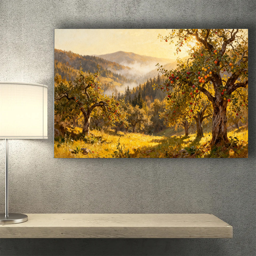 Sunlit Autumn Orchard canvas wall art, wall mockup above a console.