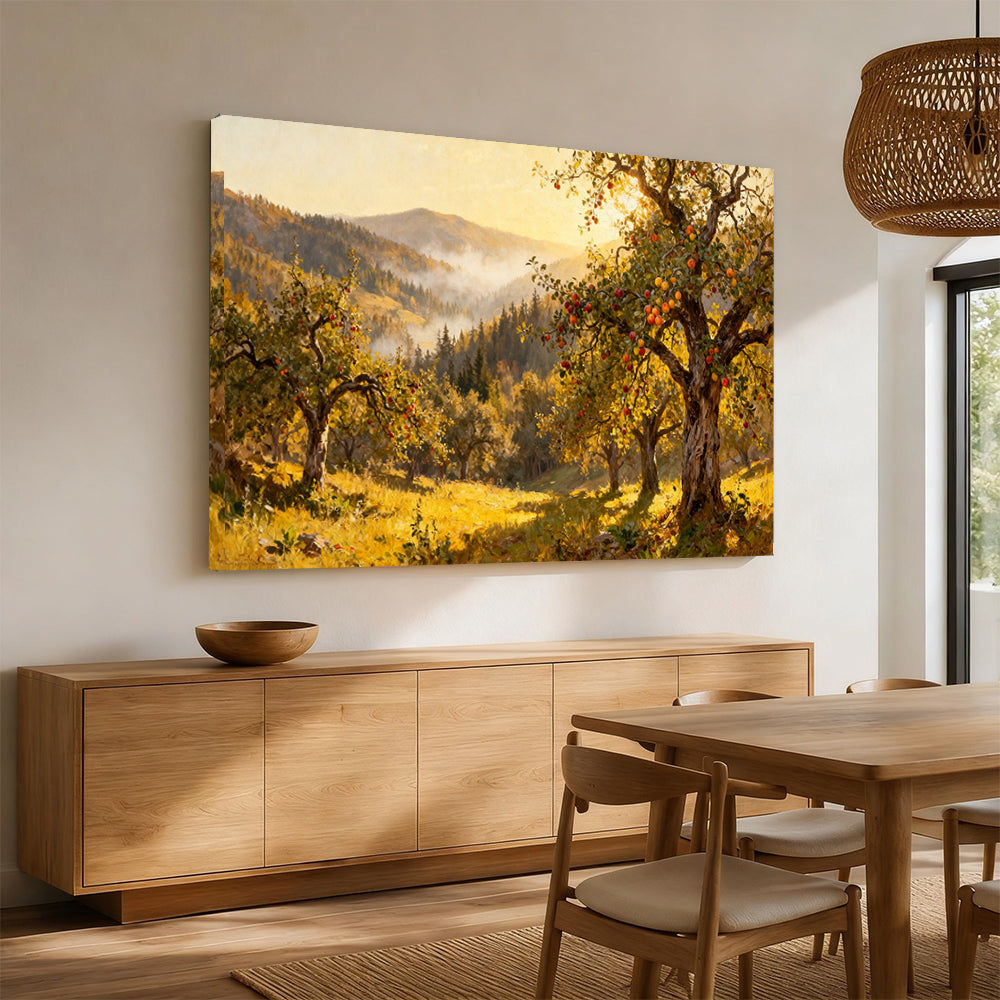 Sunlit Autumn Orchard canvas wall art, angled mockup above a sideboard.