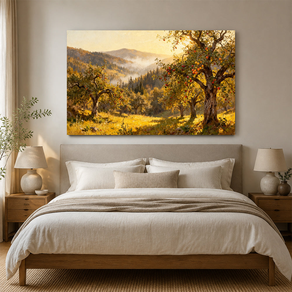 Sunlit Autumn Orchard canvas wall art, bedroom mockup above a bed.