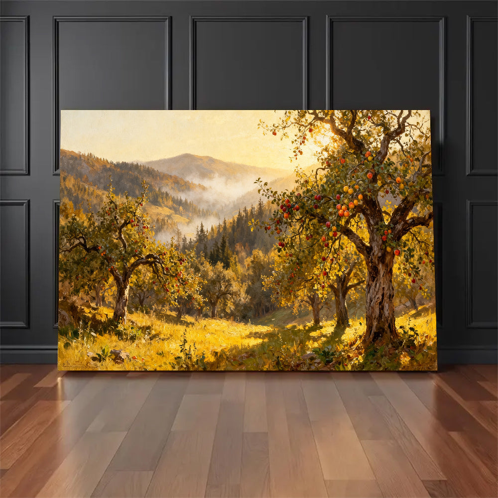 Sunlit Autumn Orchard canvas wall art, floor display against a dark wall.