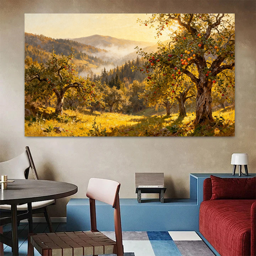 Sunlit Autumn Orchard canvas wall art, colorful room mockup.