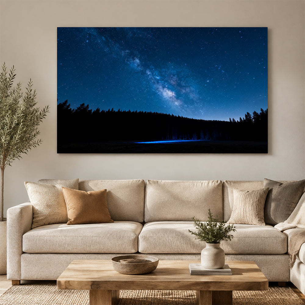 Starlit Forest Lake canvas wall art, living room mockup above a sofa.