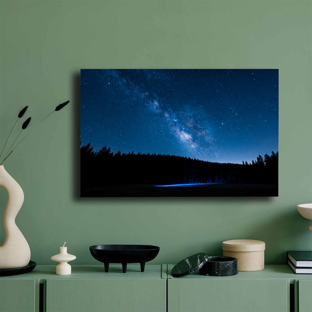 Starlit Forest Lake canvas wall art, mockup on a green wall.