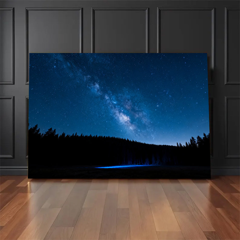 Starlit Forest Lake canvas wall art, floor display against a dark wall.