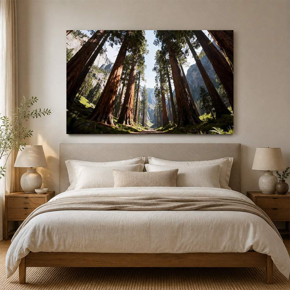 Towering Forest Light canvas wall art, bedroom mockup above a bed.