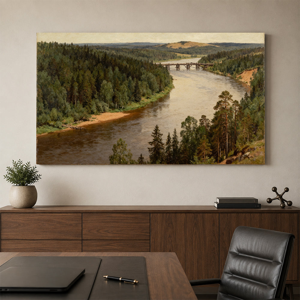 Quiet Woodland River canvas wall art, office mockup above a desk.