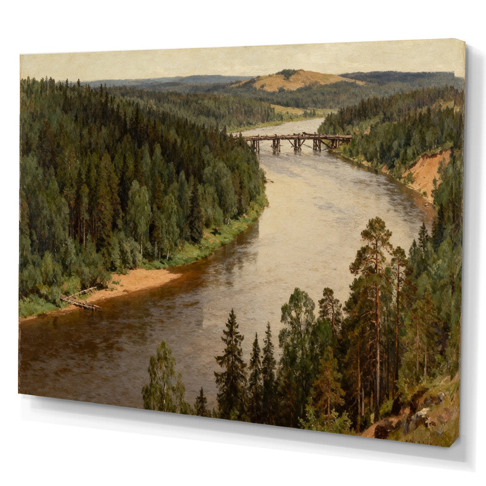 Quiet Woodland River canvas wall art, angled canvas mockup on a white background.