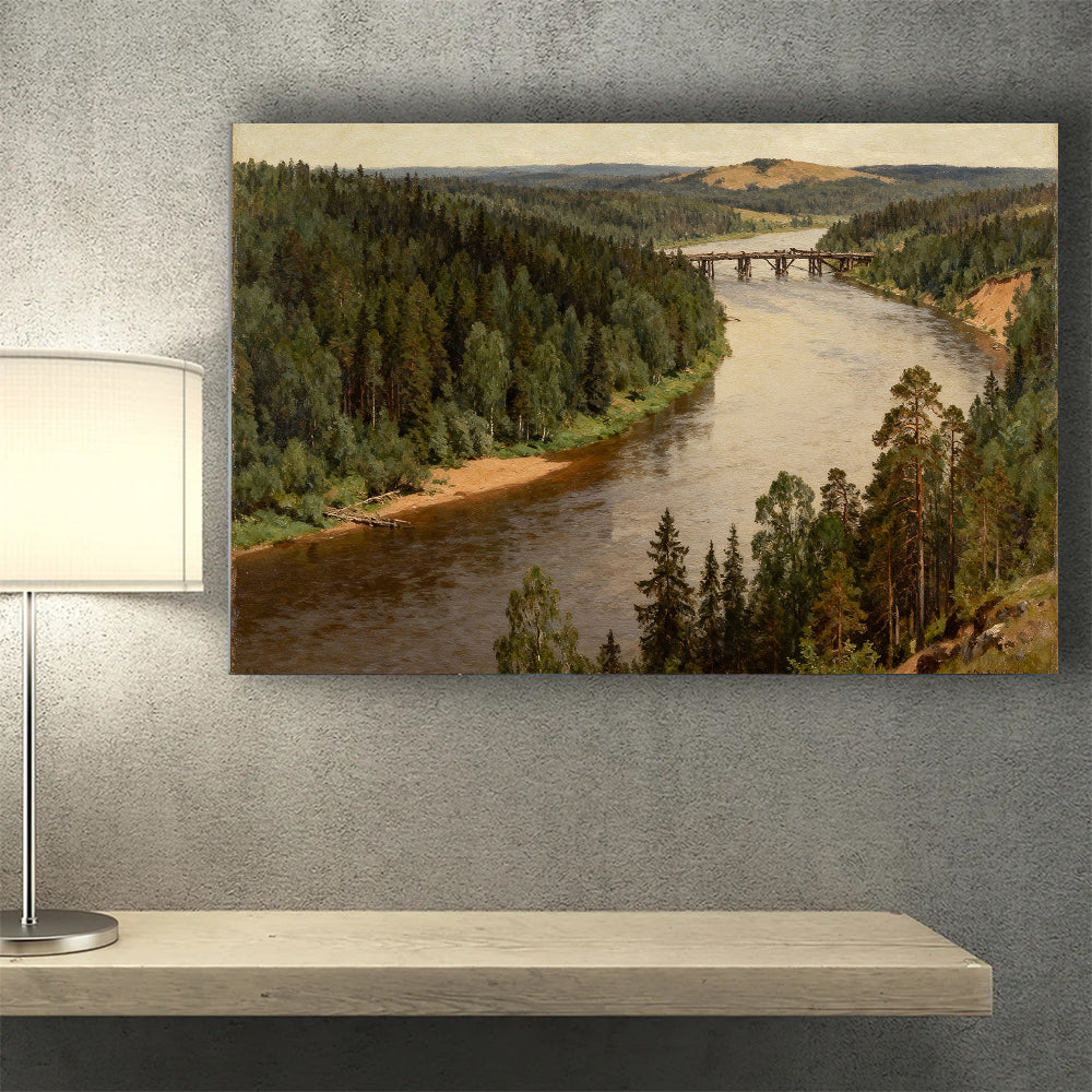 Quiet Woodland River canvas wall art, wall mockup above a console.