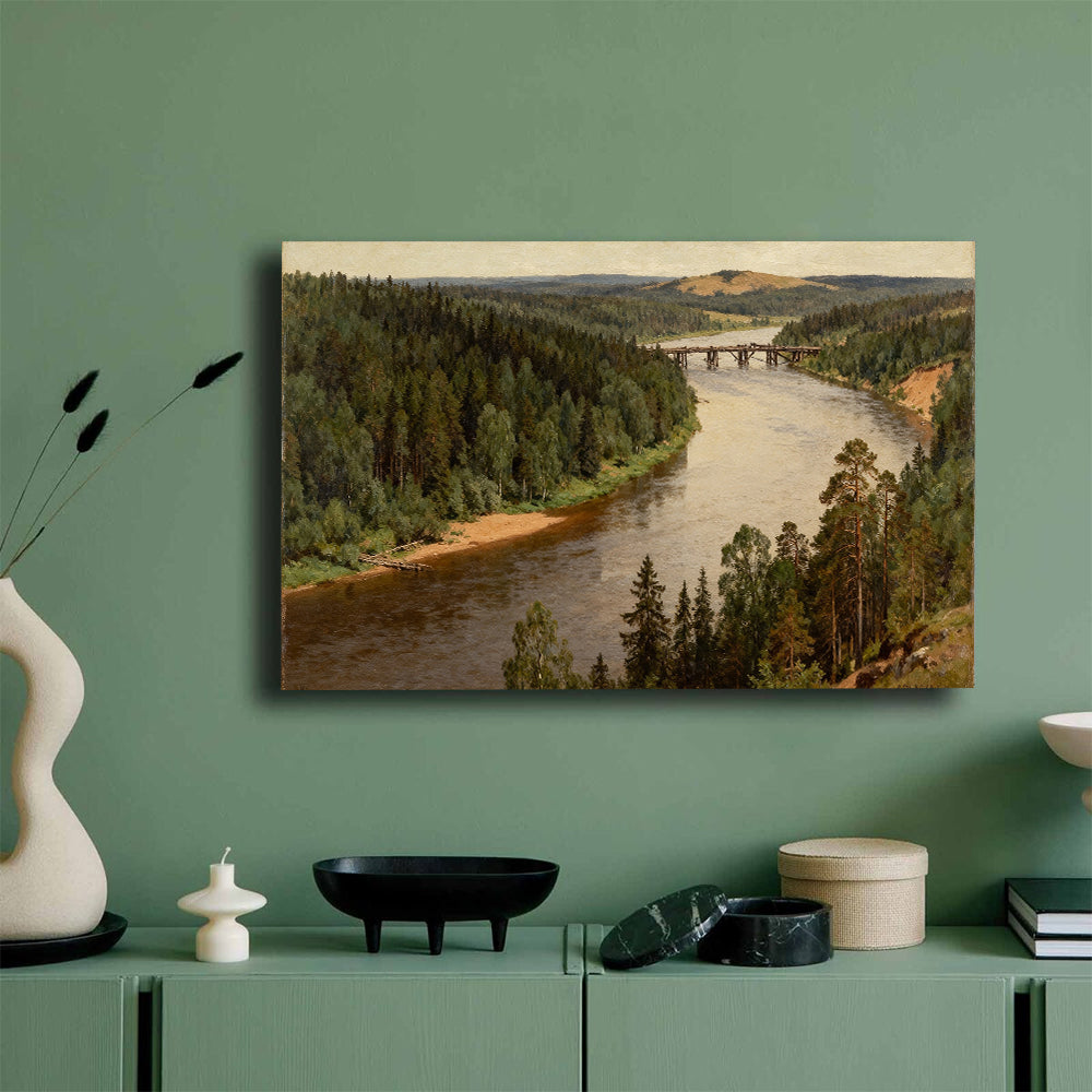 Quiet Woodland River canvas wall art, mockup on a green wall.