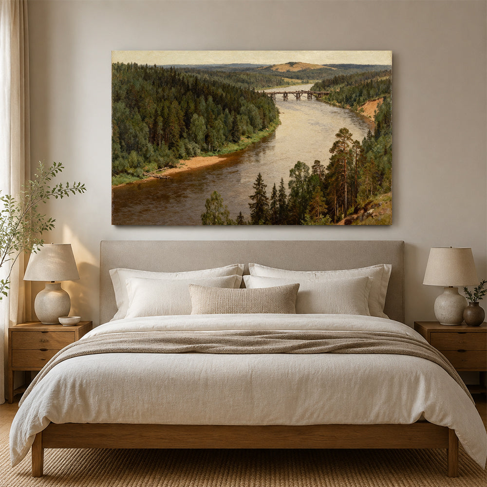 Quiet Woodland River canvas wall art, bedroom mockup above a bed.
