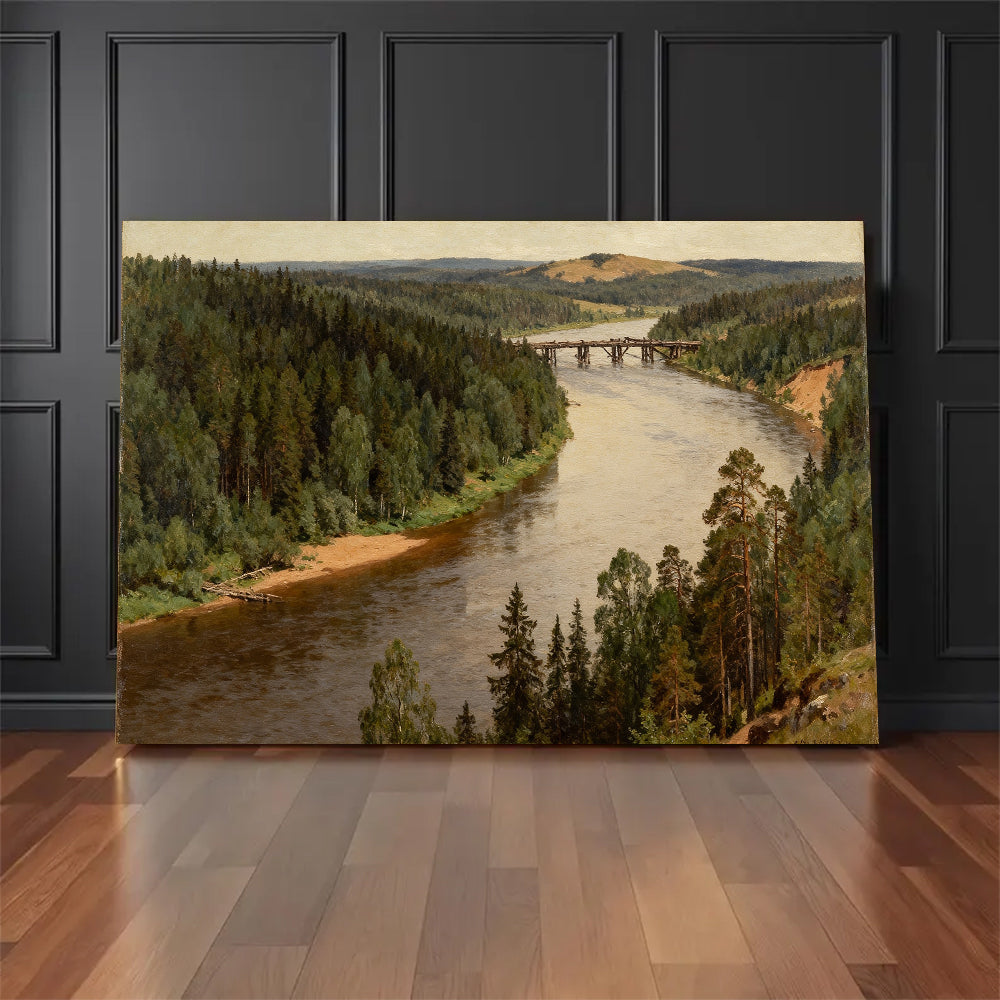 Quiet Woodland River canvas wall art, floor display against a dark wall.