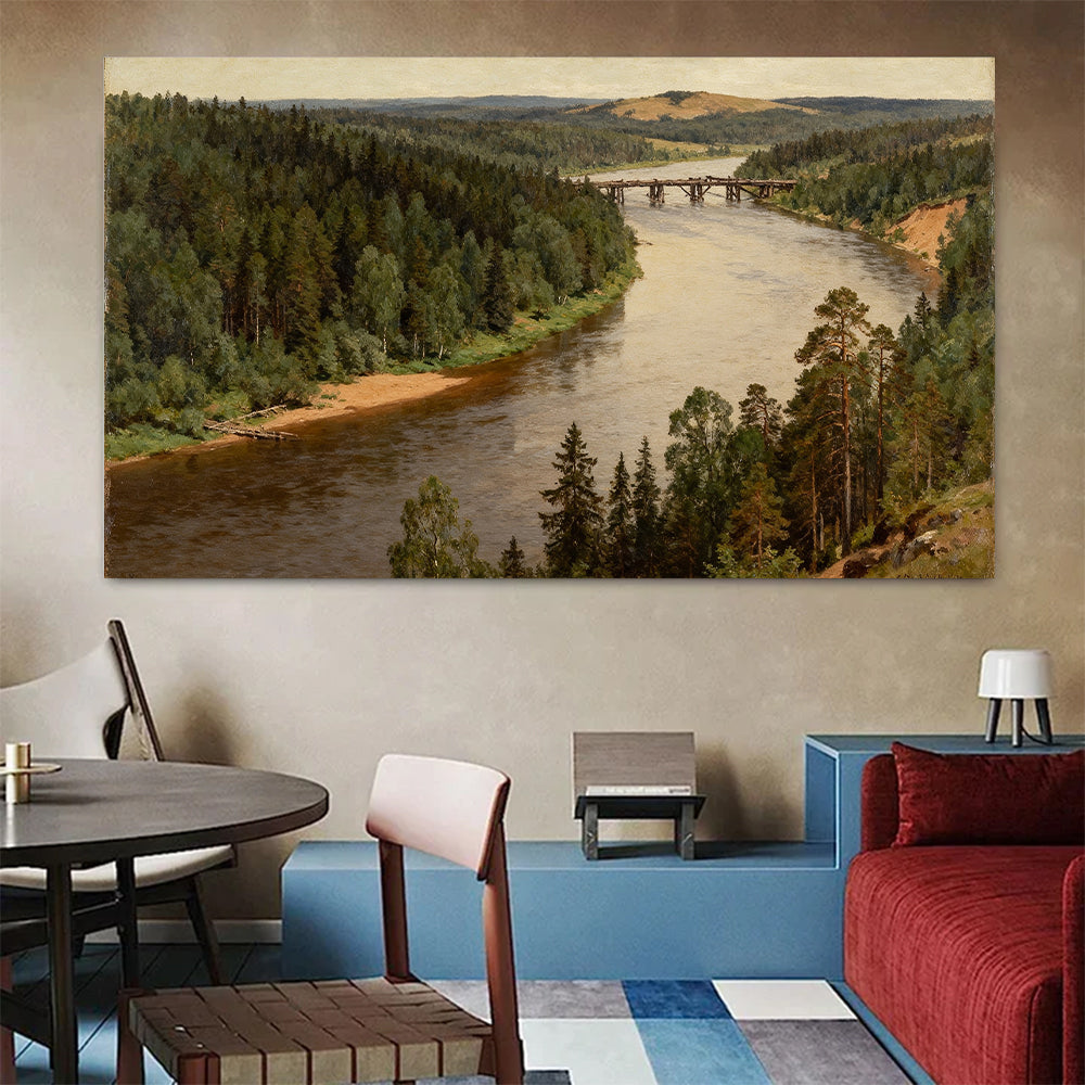 Quiet Woodland River canvas wall art, colorful room mockup.