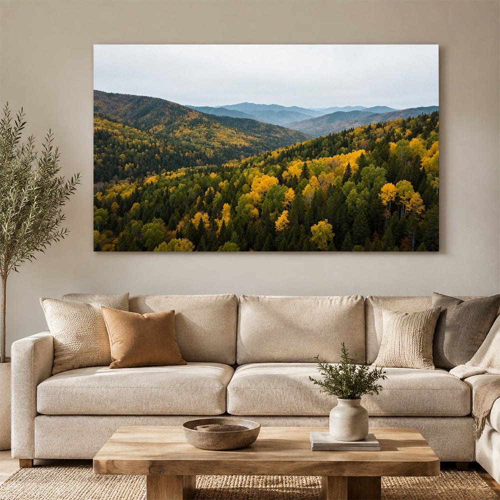 Autumn Canopy Vista canvas wall art, living room mockup above a sofa.