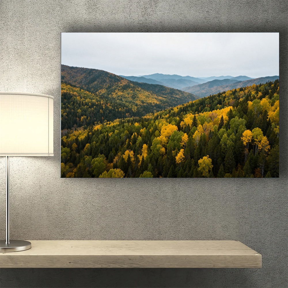 Autumn Canopy Vista canvas wall art, wall mockup above a console.