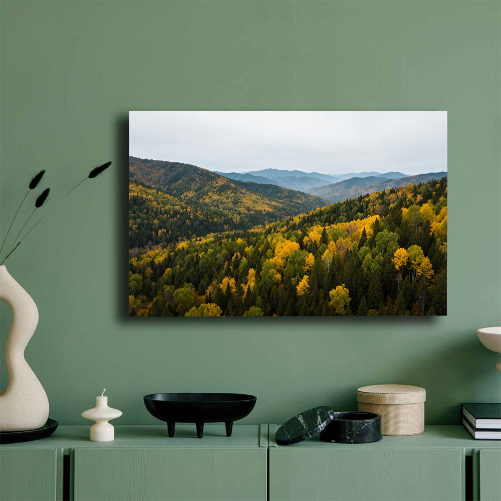 Autumn Canopy Vista canvas wall art, mockup on a green wall.
