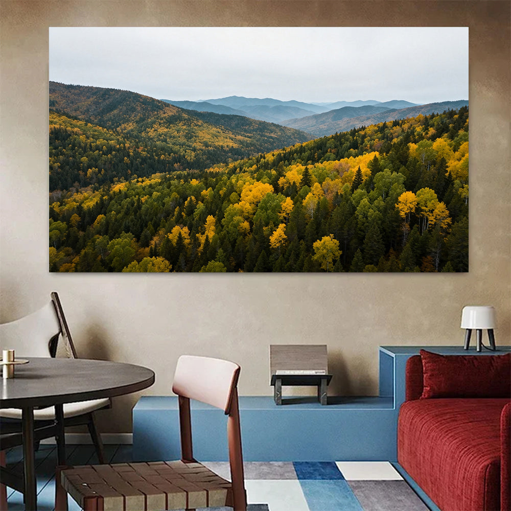 Autumn Canopy Vista canvas wall art, colorful room mockup.