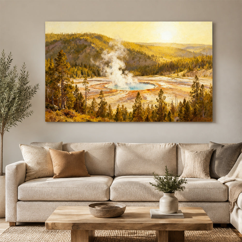 Golden Hot Spring canvas wall art, living room mockup above a sofa.