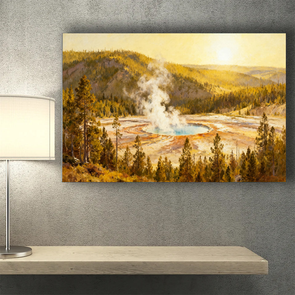 Golden Hot Spring canvas wall art, wall mockup above a console.