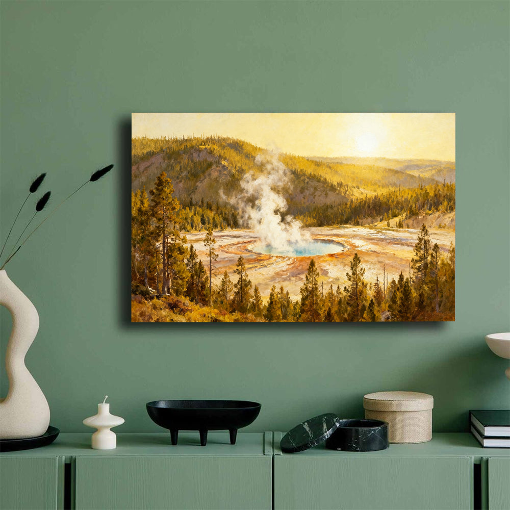 Golden Hot Spring canvas wall art, mockup on a green wall.