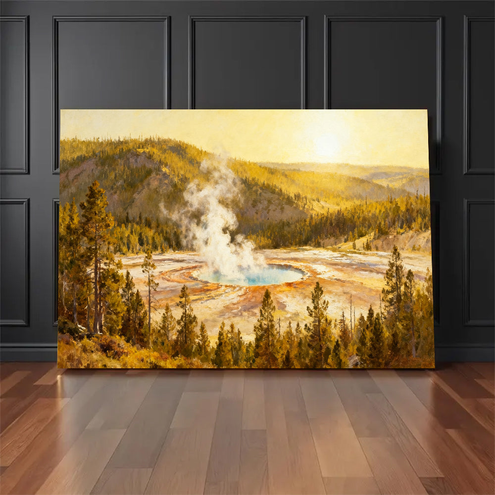 Golden Hot Spring canvas wall art, floor display against a dark wall.