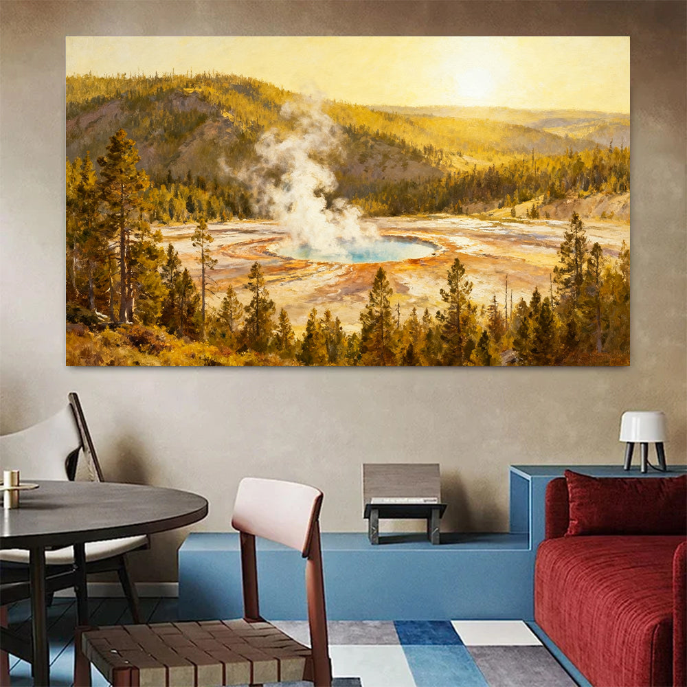 Golden Hot Spring canvas wall art, colorful room mockup.